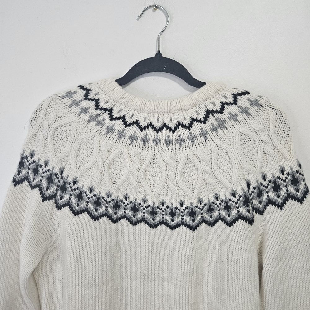 Lilysilk Fair Isle Crewneck Sweater XS  Wool Cashmere Off White Cable - Picture 10 of 12